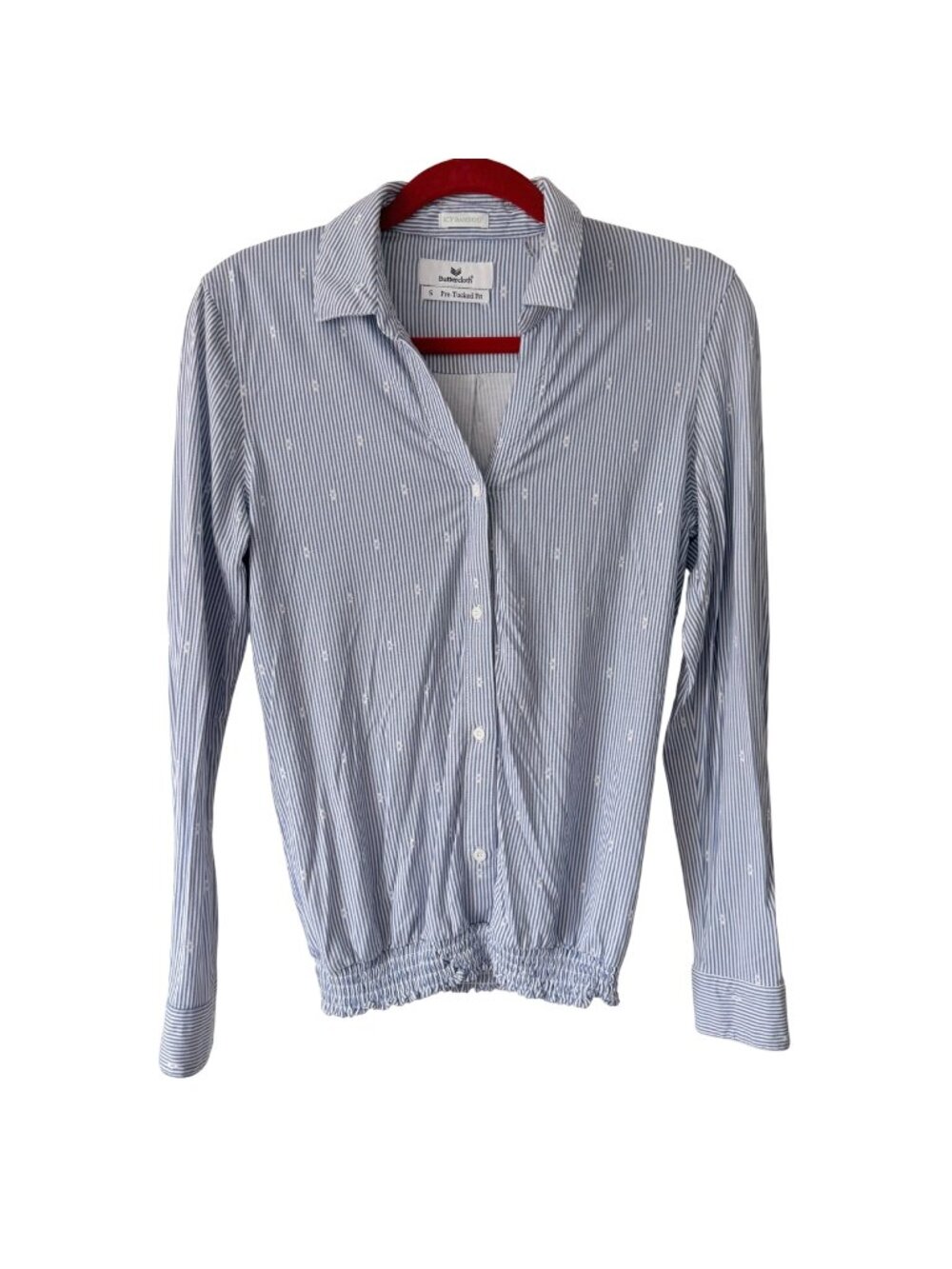 Buttercloth Icy Bamboo Pre-Tucked Fit Blue White Striped Collared Shirt Small